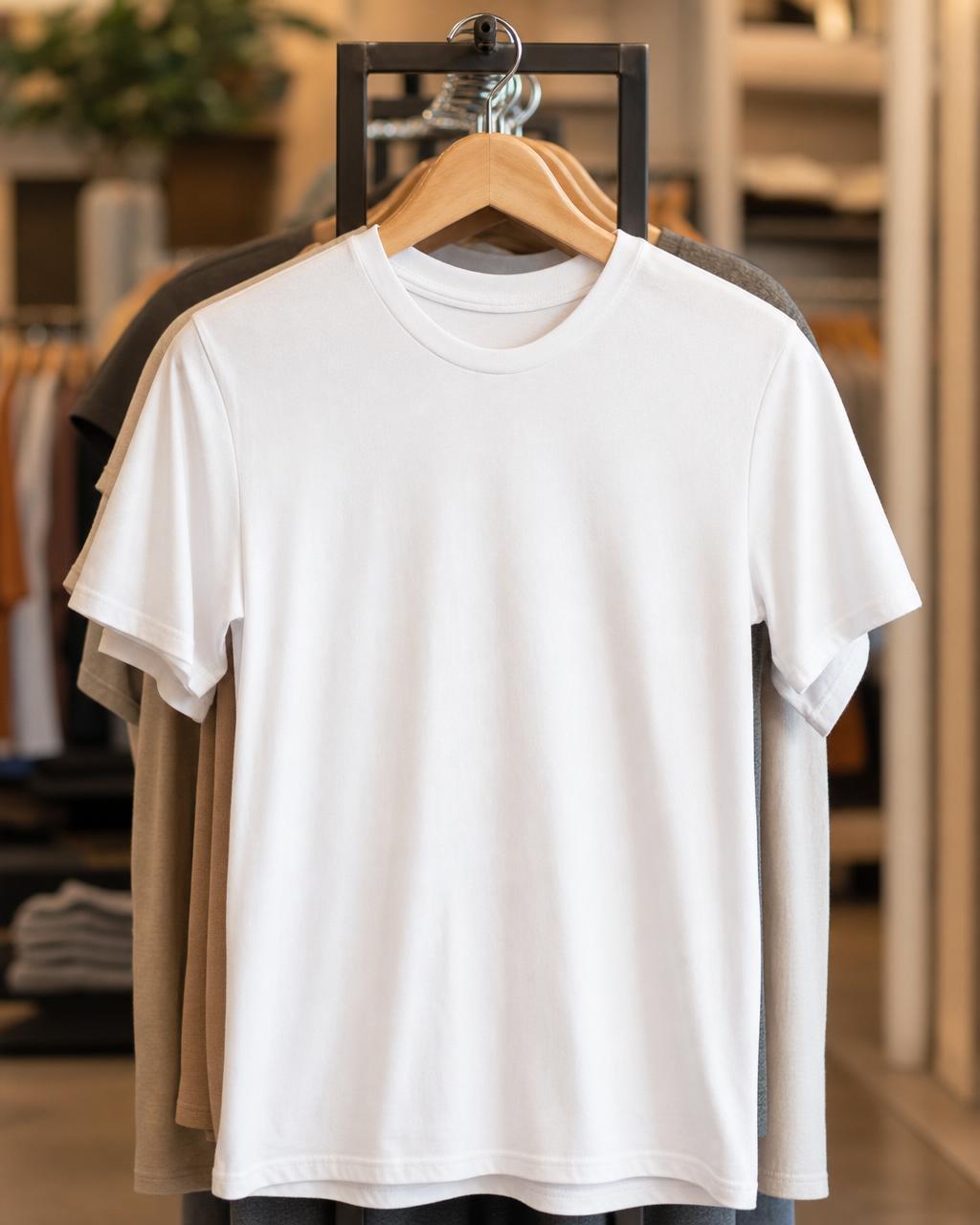 Blank t-shirt mockup — Neutral rack with soft depth of field
