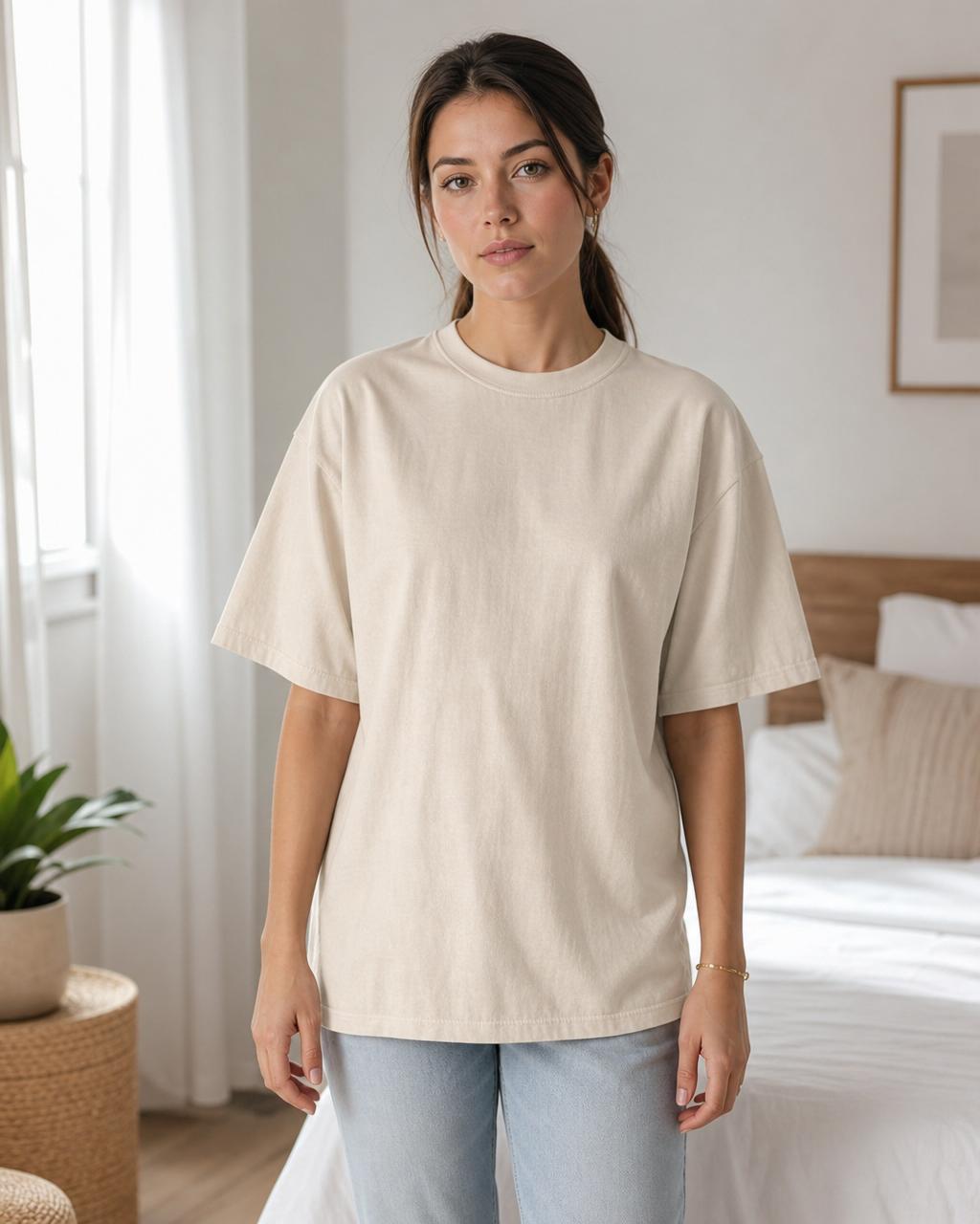 Blank t-shirt mockup — Airy neutral bedroom, oversized fit