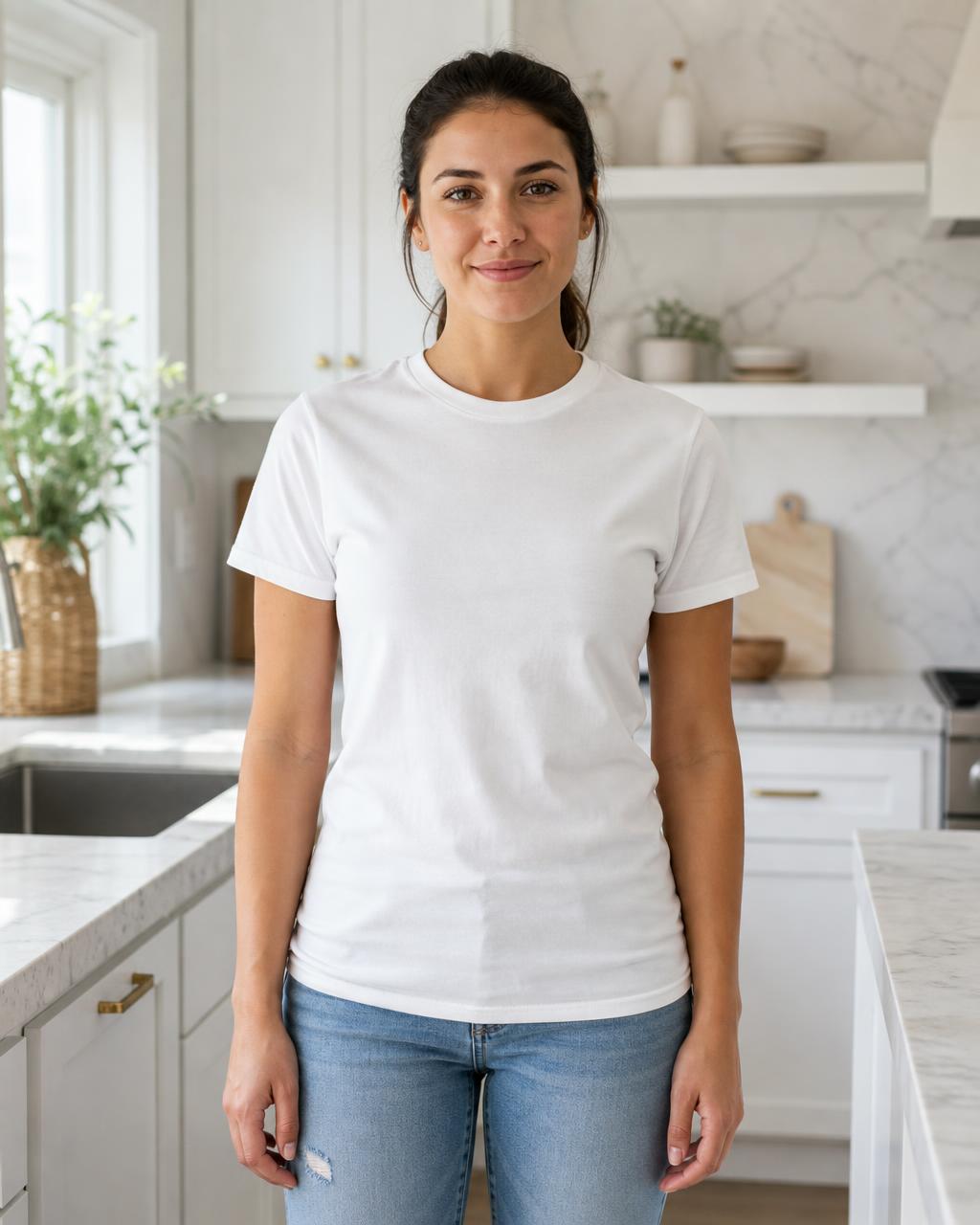 Blank t-shirt mockup — Airy white kitchen with marble counters