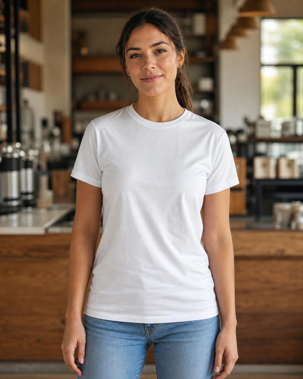 Blank t-shirt mockup — Warm cafe interior, soft bokeh