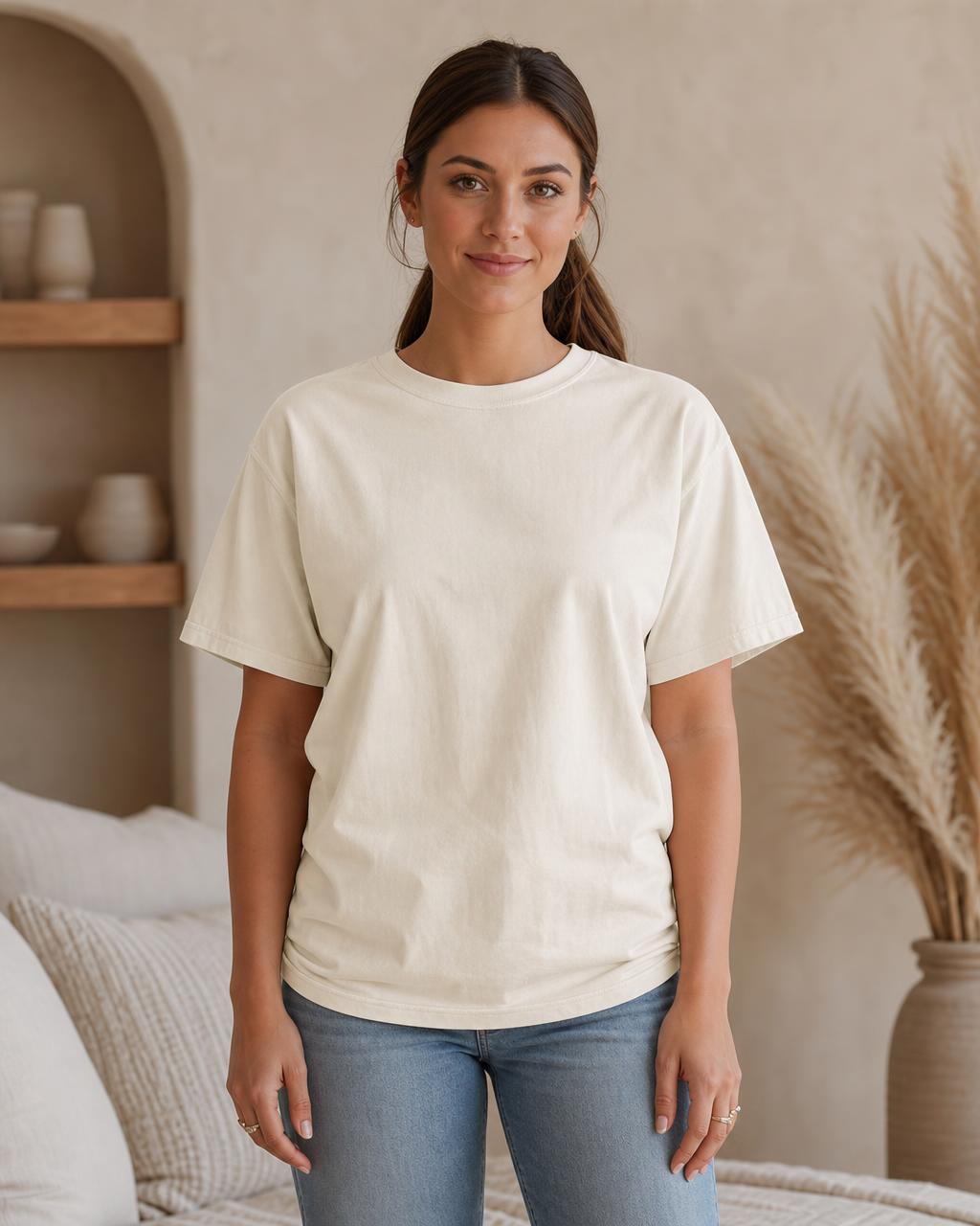 Blank t-shirt mockup — Beige minimal interior with pampas