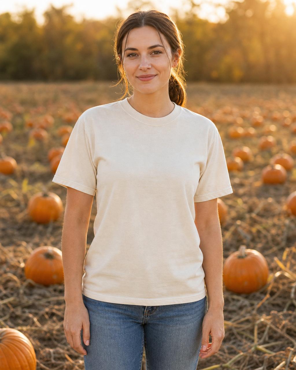 Blank t-shirt mockup — Golden hour pumpkin field