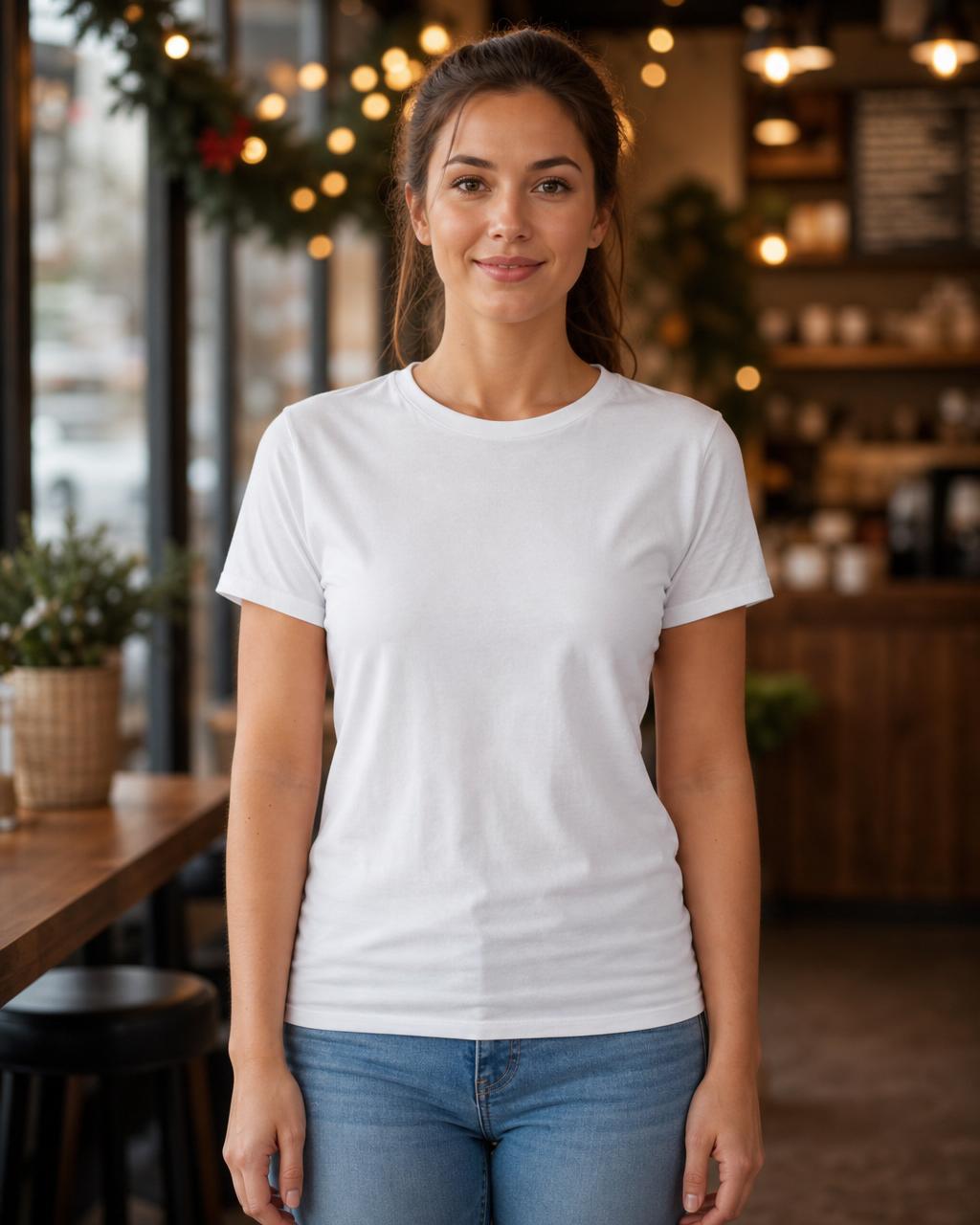Blank t-shirt mockup — Cafe garland and warm holiday bokeh